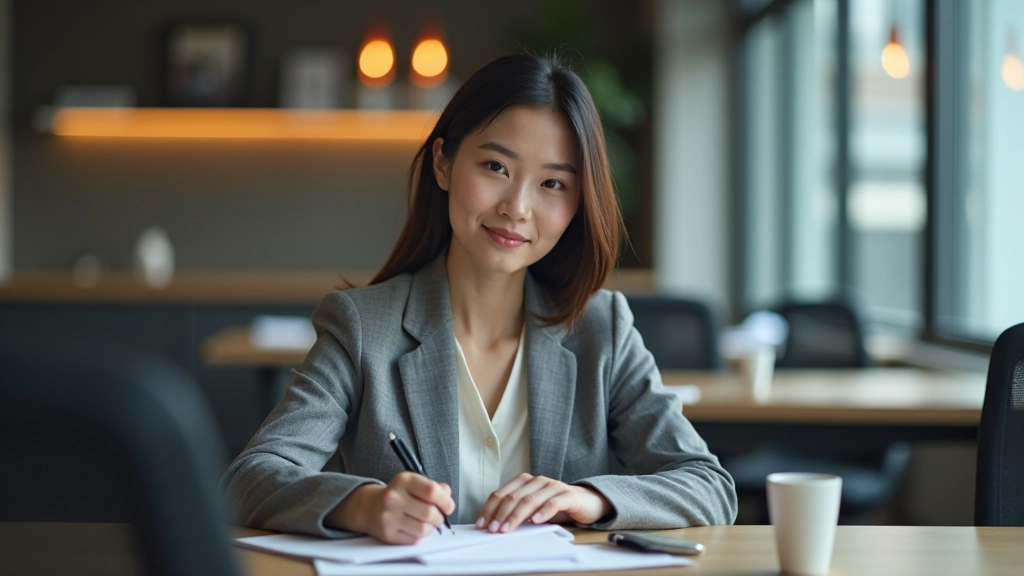 Woman listening intently in professional meeting, engaged expression, taking notes, collaborative workspace with team members visible